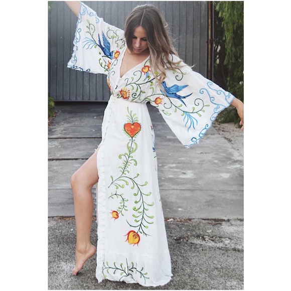 Boho Embroidered Hearts Floral Birds Long Maxi Kimono Dress - Picture 12 of 16